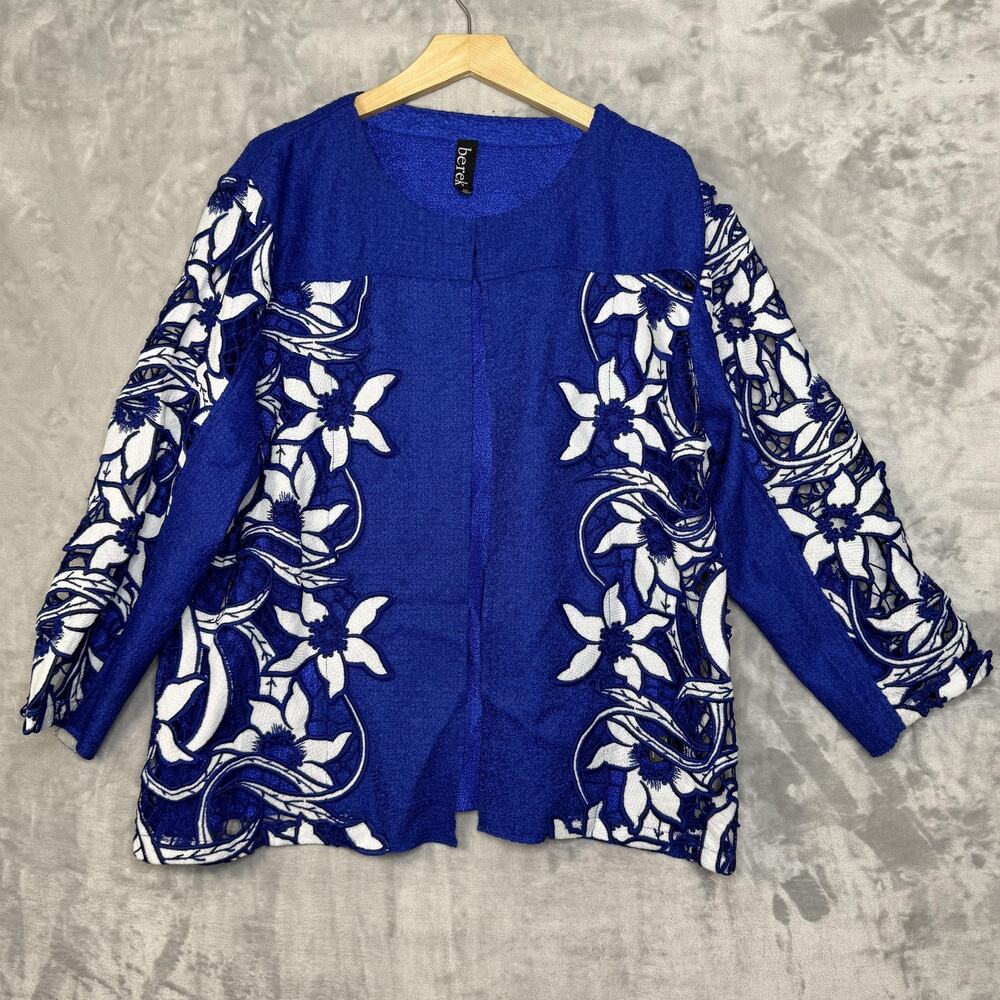 Berek Jacket Womens 2XL Blue Floral Embroidered Lace Cutout Garden Artsy Texture